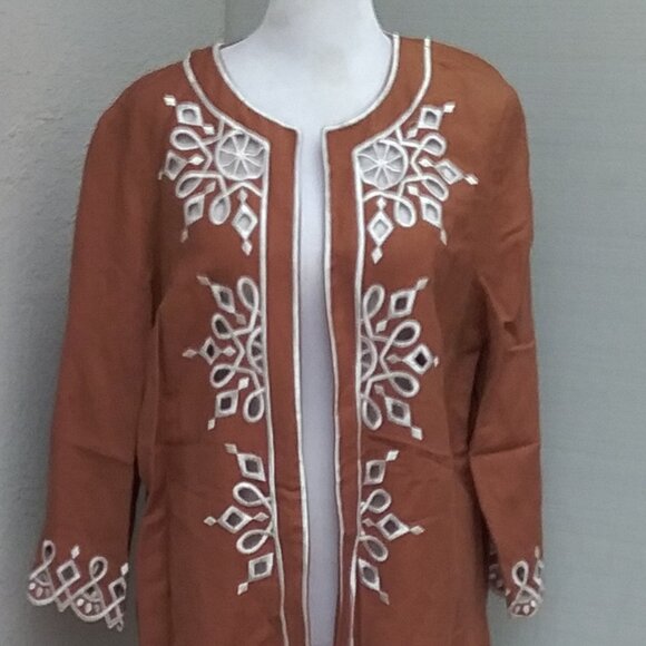 Bob Mackie Women's Wearable Art Linen Jacket Light Brown and White Cutout Preppy - Picture 2 of 7